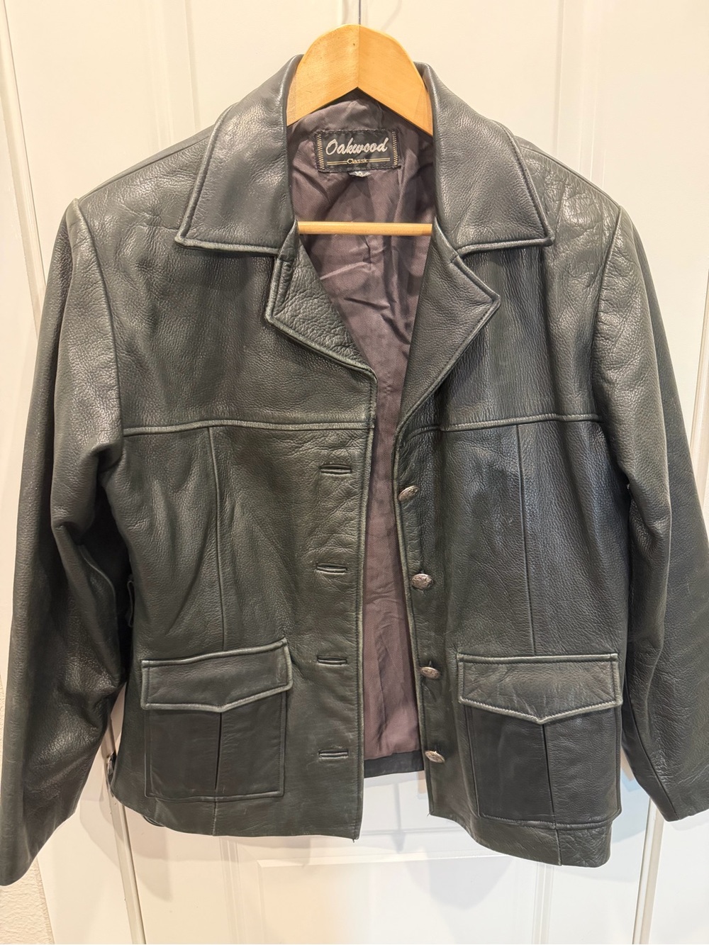 Women's Leather Jacket - Classic Button Front Black